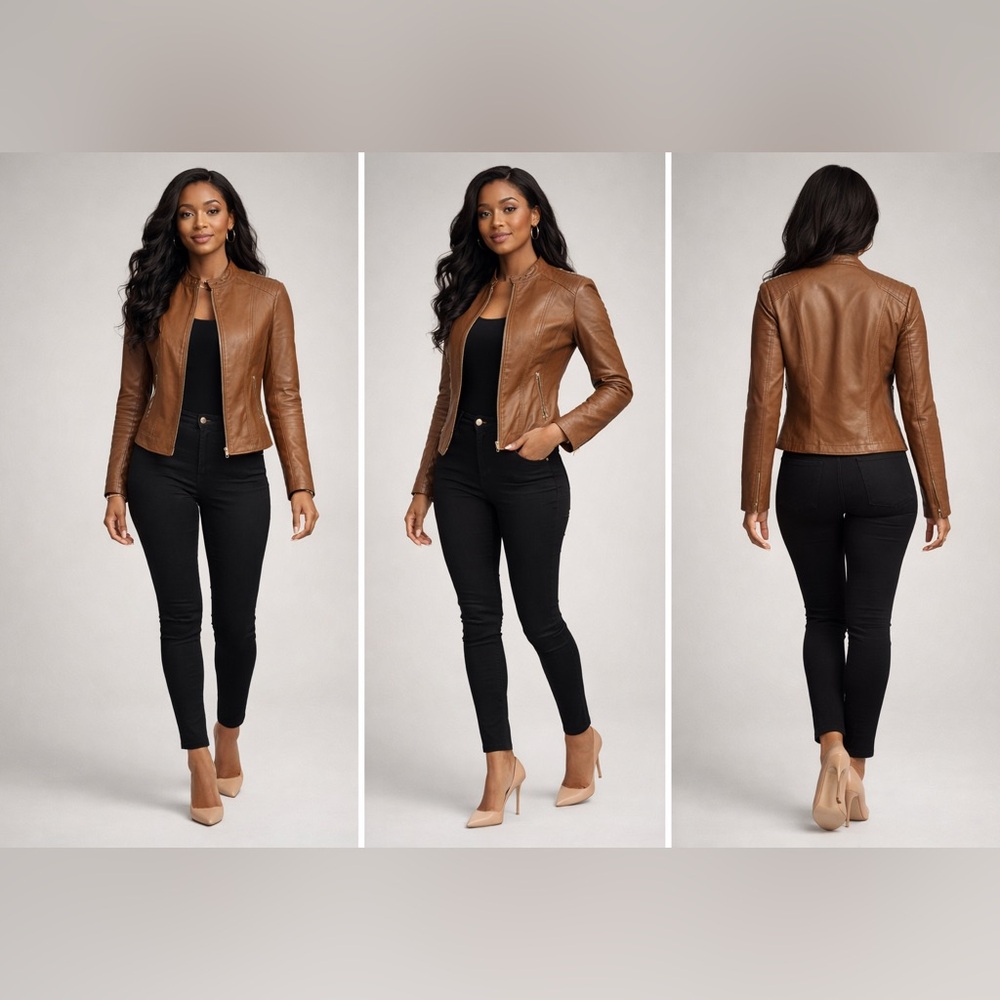 Baccini Brown Faux Leather Moto Jacket Size PM